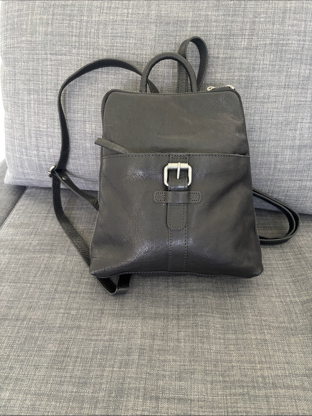 Spikes&Sparrow Black Leather Mini Backpack with Buckle Strap